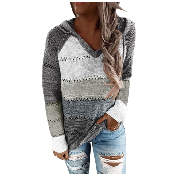 HAPIMO Sweatshirt for Women V-Neck Drawstring Pullover Tops Striped Color Patchwork Long Sleeve Relaxed Fit Womens Hoodie Sweatshirt Teen Girls Clothes Gray XXL