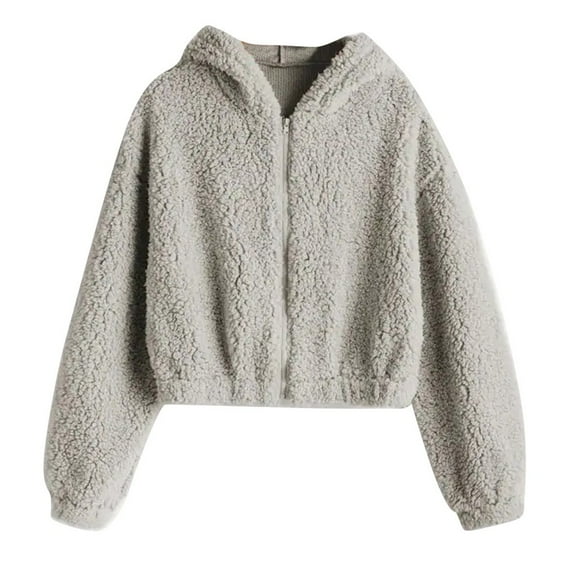 HAPIMO Sweatshirt for Women Zipper Drawstring Crop Pullover Tops Solid Plush Fleece Long Sleeve Relaxed Fit Womens Fuzzy Hoodie Sweatshirt Teen Girls Clothes Gray M