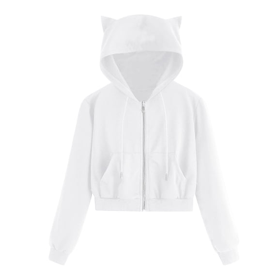 HAPIMO Sweatshirt for Women Zipper Pocket Drawstring Crop Pullover Tops Solid Color Long Sleeve Relaxed Fit Womens Cat Ear Hoodie Sweatshirt Teen Girls Clothes White S