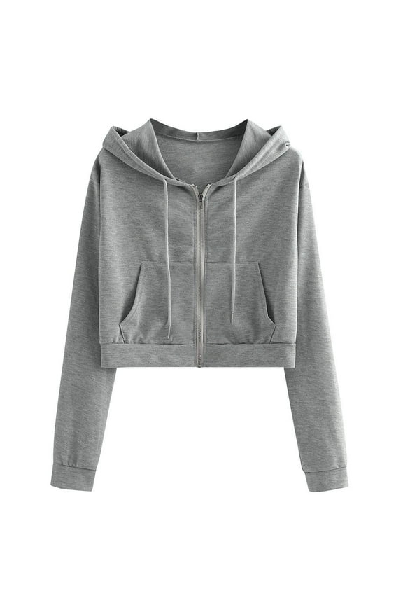Sweatshirt for Women Zipper Pocket Drawstring Crop Pullover Tops Solid Color Long Sleeve Relaxed Fit Womens Hoodie Sweatshirt Teen Girls Clothes Gray M