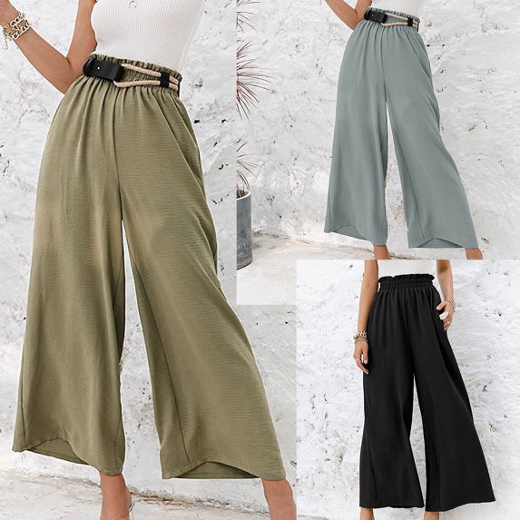 HAPIMO Discount Wide Leg Pants for Women Teens Fall Fashion Outfits Elastic High Waist Solid Color Casual Comfy Pants Womens Linen Drawstring Loose Trousers Gray XL
