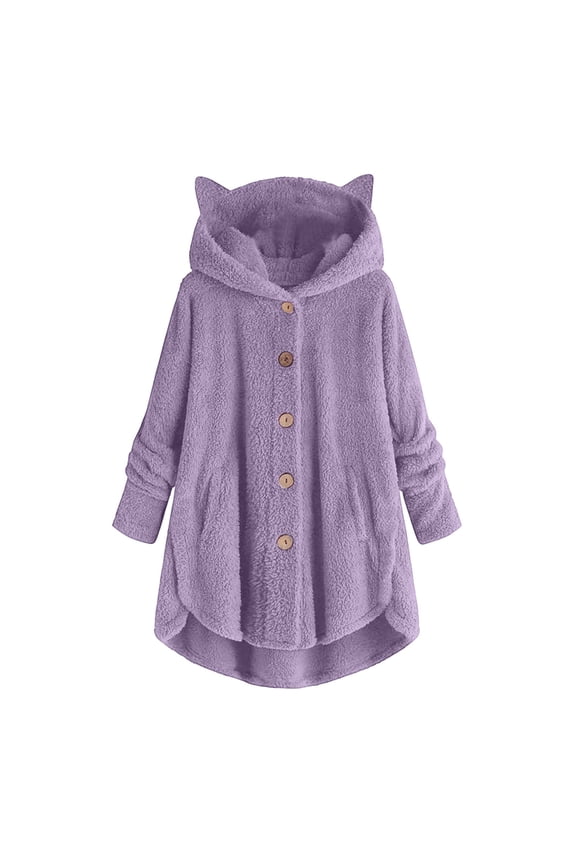 Winter Coats for Women Solid Plush Thick Cute Ear Hoodie Fleece Jacket Girls Fall Fashion Tops Womens Open Front Lapel Outwear Casual Long Sleeve Purple M