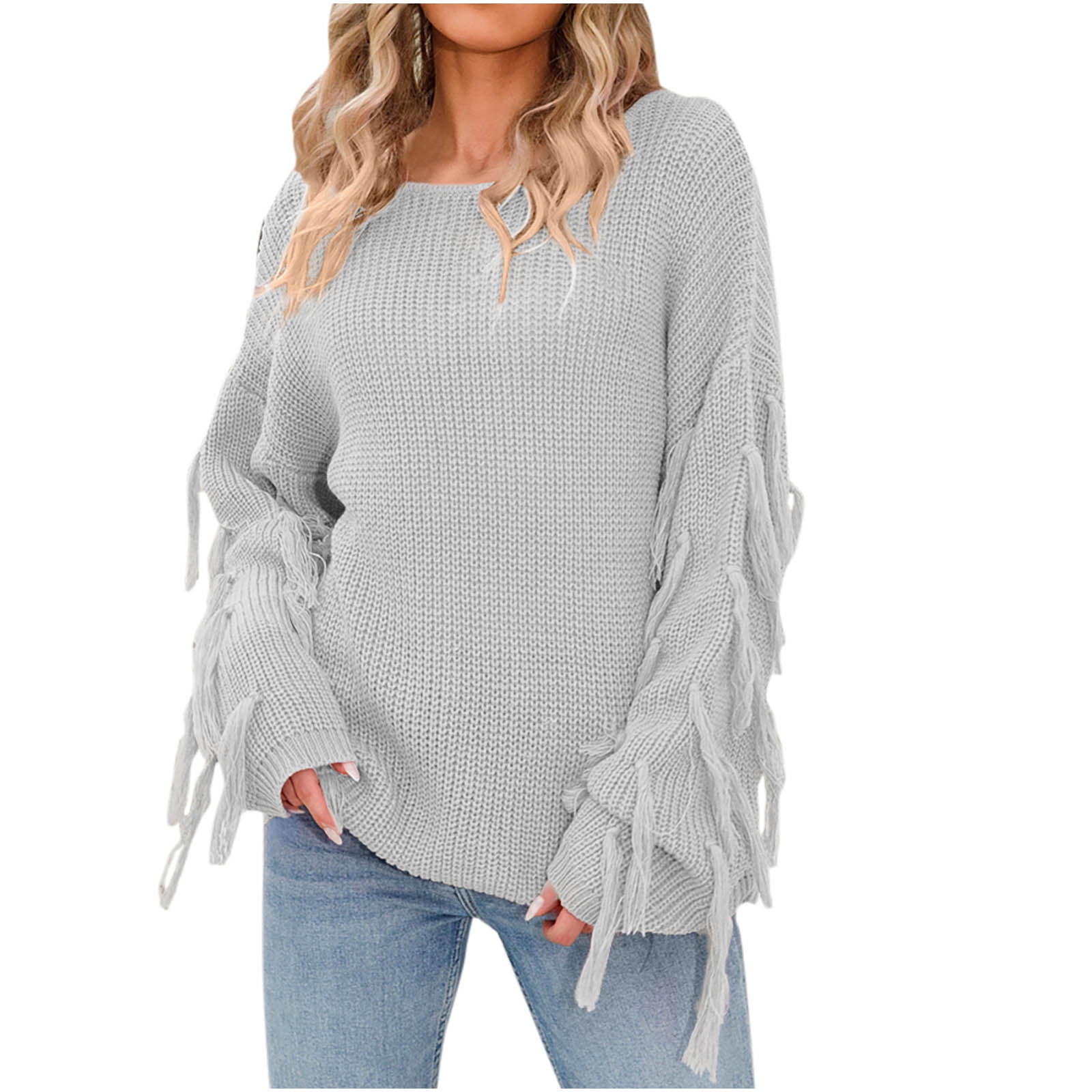 HAPIMO Discount Women Casual Round Neck Sweaters Winter Tassel Bell Long Sleeve Loose Kimono Pullover Trendy Waffle Knit Loose Tops Teen Girls Clothes Gray M Walmart