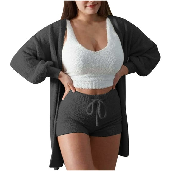 HAPIMO Women's Cozy Knit Set 3-Piece Outfits Fuzzy Fleece Warm Hooded Cardigan Crop Top Shorts Set Warm Pajamas Loungewear Dark Gray S