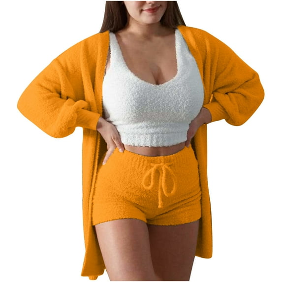 HAPIMO Women's Cozy Knit Set 3-Piece Outfits Fuzzy Fleece Warm Hooded Cardigan Crop Top Shorts Set Warm Pajamas Loungewear Orange L