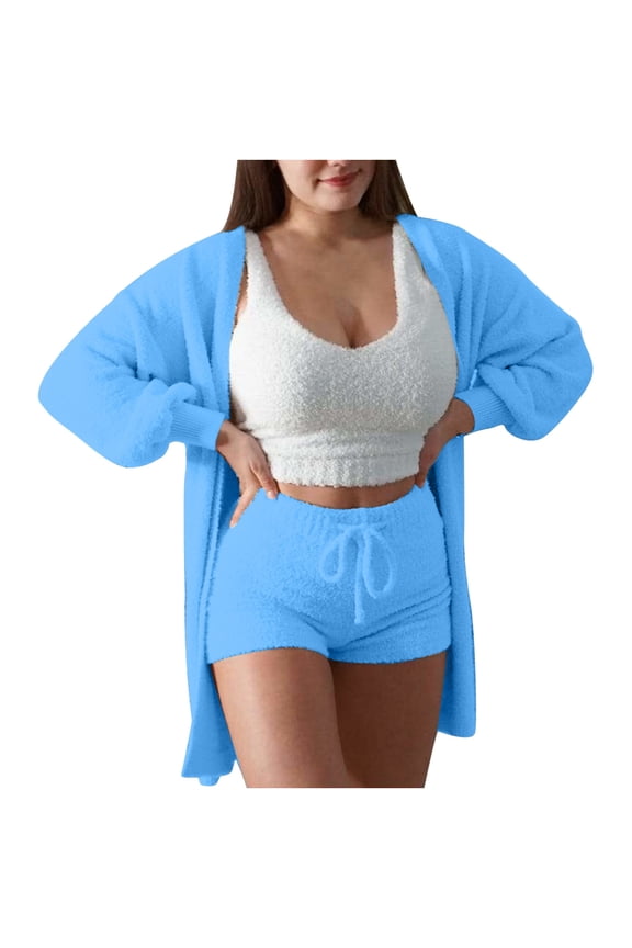 Women's Cozy Knit Set 3-Piece Outfits Fuzzy Fleece Warm Hooded Cardigan Crop Top Shorts Set Warm Pajamas Loungewear Sky Blue XXXL