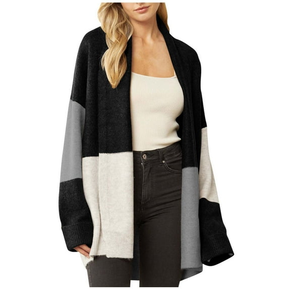 HAPIMO Women's Fall Winter Warm Open Front Trendy Color Blokc Long Sleeve Knit Ribbed Cardigan Casual Pullover Sweaters Teen Girls Clothes Black M