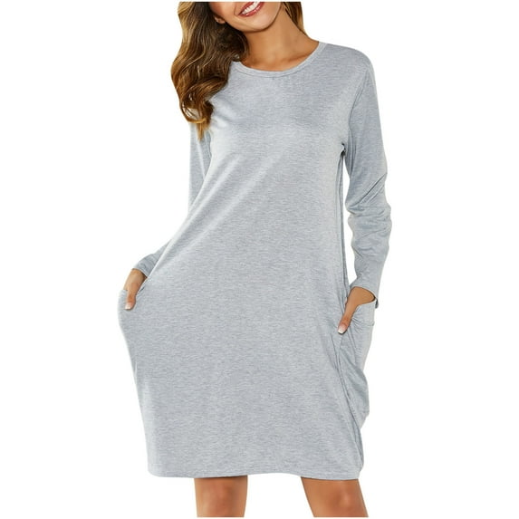 HAPIMO Women's Fashion Nightgowns Soft Cotton Long Sleeve Sleepswear Loose Comfy Sleep Dress Nightshirt with Pockets Gray L