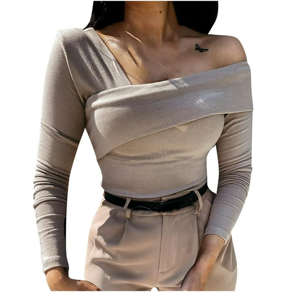 HAPIMO Women's Fashion Shirts Solid Slim Fit Off Shoulder Tops Asymmetrical Neck Pullover Long Sleeve Blouse Cozy Casual Sweatshirt T-Shirt Clothes for Women Khaki XXL