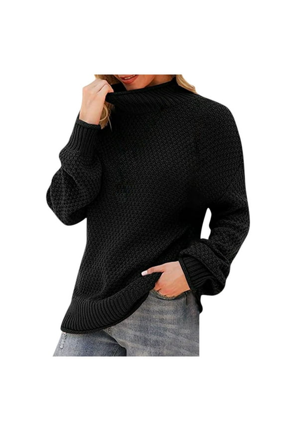 Women's Round Neck Knitted Sweater Button Long Sleeve Solid Color Elegant Casual Pullover Jumper Tops Teen Grils Fashion Clothes Black XL