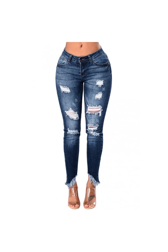 Women's Skinny Jeans High Rise Embroidery Crop Jeans Junior Slim Fit Stretch Ripped Tapered Jeans Butt Lift Pants Blue M