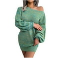 thumbnail image 1 of HAPIMO Women's Winter Long Sleeve Dress Off Shoulder Knit Pullover Casual Solid Loose Fitting Mini Sweater Dresses Teen Girls Clothes Blue M, 1 of 7
