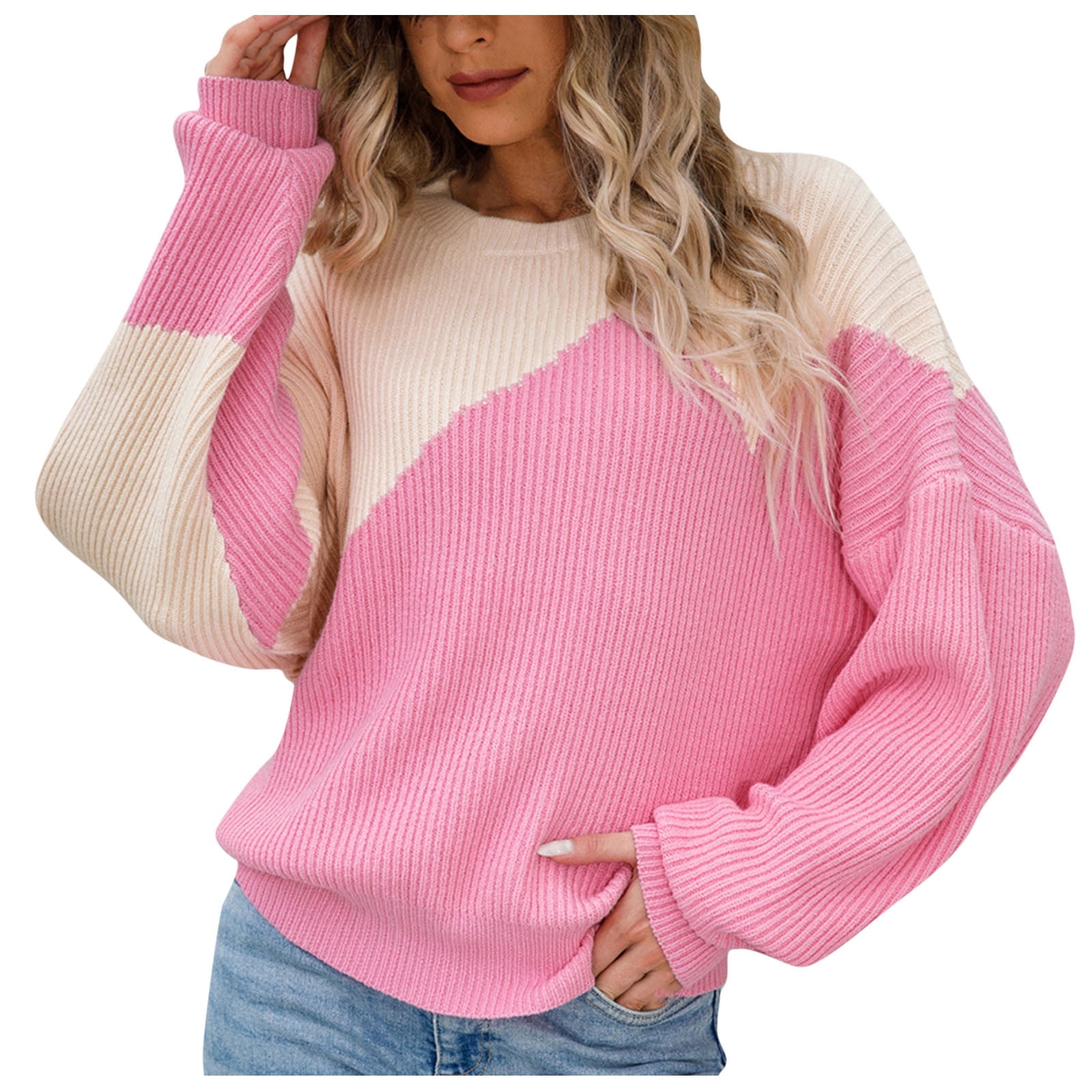HAPIMO Discount Womens Color Block Sweater Fall Fashion Long Sleeve Mock Neck  Pullover Dressy Casual Ribbed Knit Loose Sweaters Teen Girls Clothes Pink  XL 