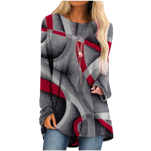 HAPIMO Discount Womens Fall Fashion Shirts Casual Long Sleeve Trendy Geometric Tunic Tops Plus Size Crewneck Sweatshirts Teen Girls Clothes Red M