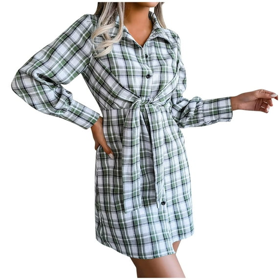 HAPIMO Womens Plaid Dresses Flannel Babydoll Dress Casual Lapel Collar Tunic Dress Long Sleeve Belted Fall Dresses with Pockets Green M