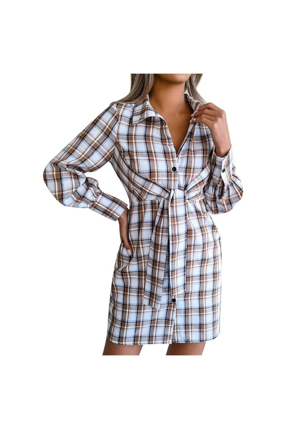 Womens Plaid Dresses Flannel Babydoll Dress Casual Lapel Collar Tunic Dress Long Sleeve Belted Fall Dresses with Pockets Khaki L