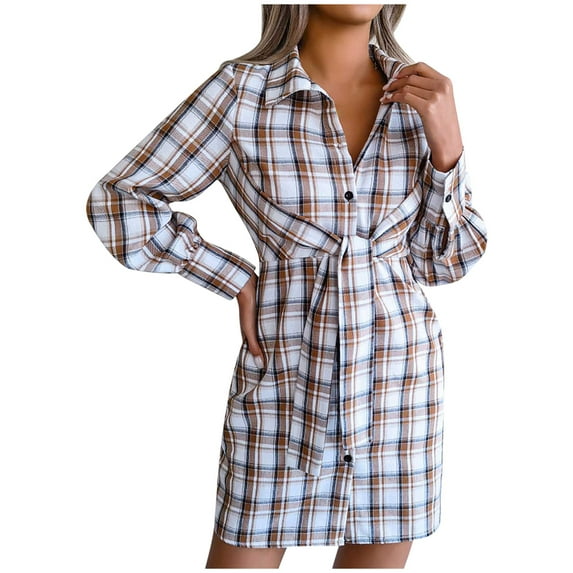 HAPIMO Womens Plaid Dresses Flannel Babydoll Dress Casual Lapel Collar Tunic Dress Long Sleeve Belted Fall Dresses with Pockets Khaki S