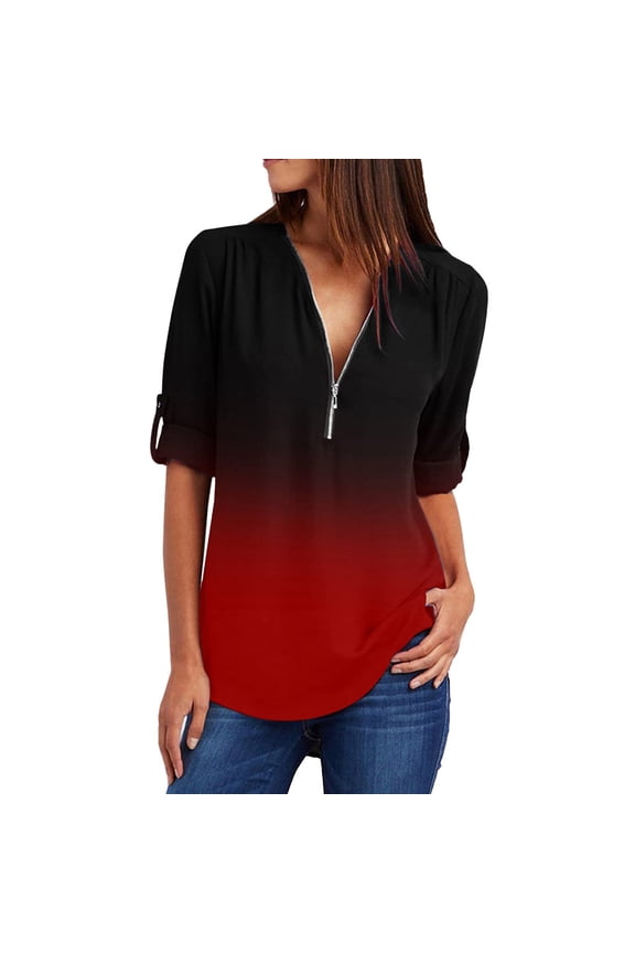 Womens Summer Short Sleeve Shirts Zipper V Neck Chiffon Tunic Casual Solid Loose Shirts Tops and Blouses Red L