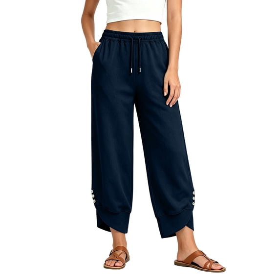 HAPIMO Drawstring Button Cuff Wide Leg Lounge Sweatpants Women High Waist Soft Pants for Summer and Loungewear Navy S