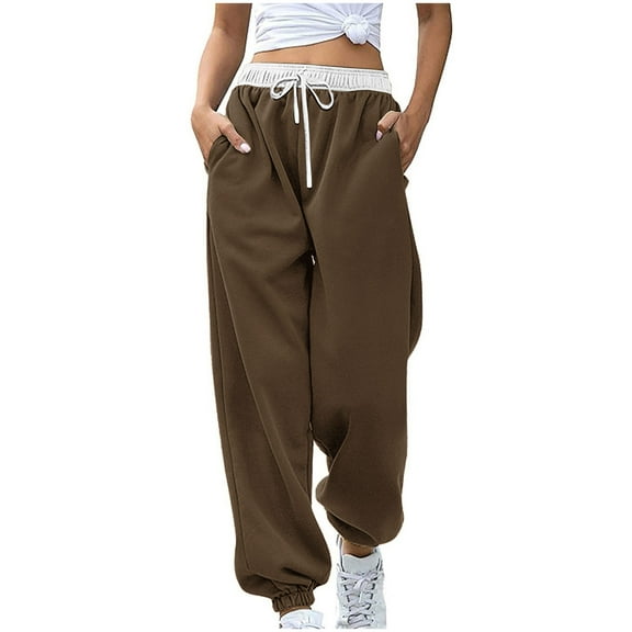 HAPIMO Drawstring High Waist Trousers Loose Joggers Pants for Women Fashion Workout Full Length Pants Color Block Patchwork Pants Casual Cotton Lined Sweatpants Brown S