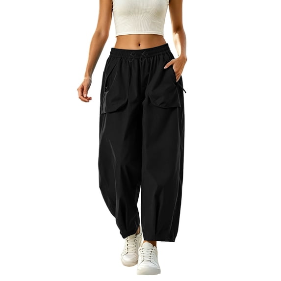 HAPIMO Drawstring Large Pocket Jogger Cargo Pants Women High Waist Lightweight Pants for Outdoor and Summer Wear Black L