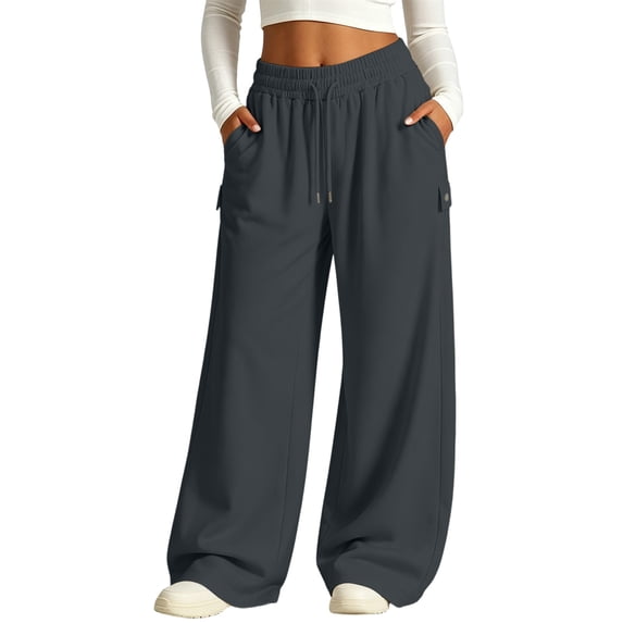 HAPIMO Drawstring Small Pocket Wide Leg Lounge Cargo Pants Women High Waist Casual Pants for Streetwear Dark Gray S