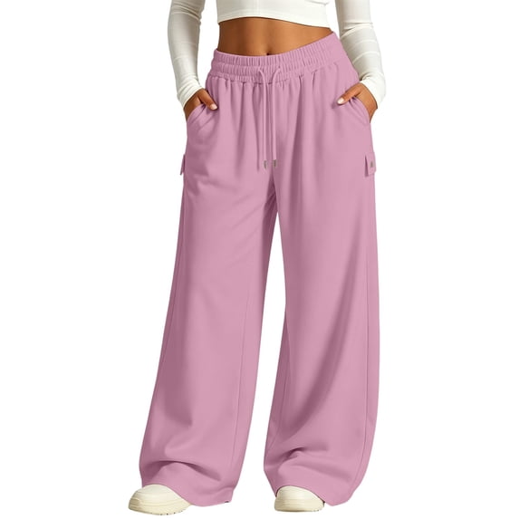 HAPIMO Drawstring Small Pocket Wide Leg Lounge Cargo Pants Women High Waist Casual Pants for Streetwear Pink XXL