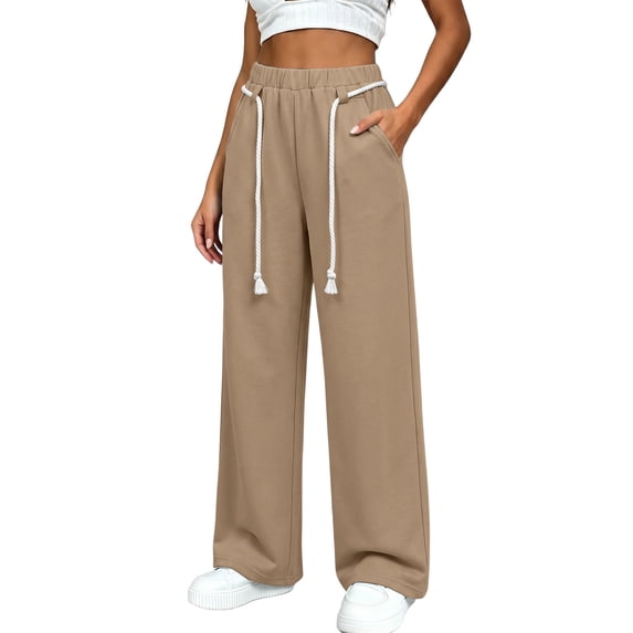 HAPIMO Drawstring Thick Rope Tassel Wide Leg Lounge Sweatpants Women High Waist Soft Casual Pants for Streetwear Khaki XXL
