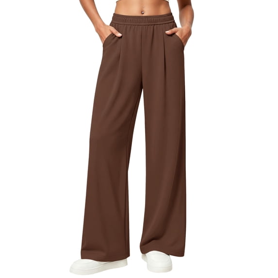 HAPIMO Elastic Waist Pleated Wide Leg Lounge Suit Pants Women High Waist Flowy Casual Pants for Office and Daily Wear Coffee XXXL