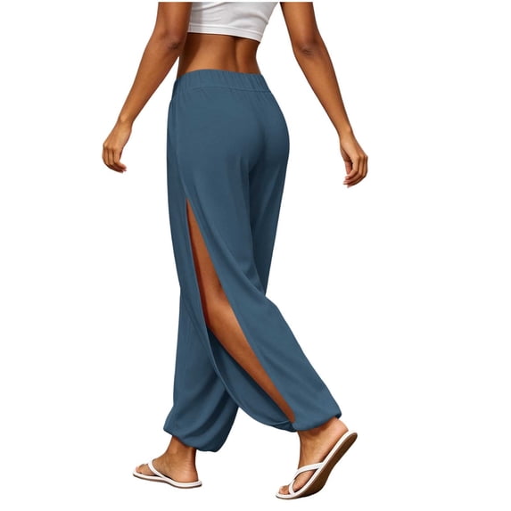 HAPIMO Elastic Waist Side Slit Jogger Lounge Pants Women High Waist Flowy Casual Pants for Summer Wear Navy S