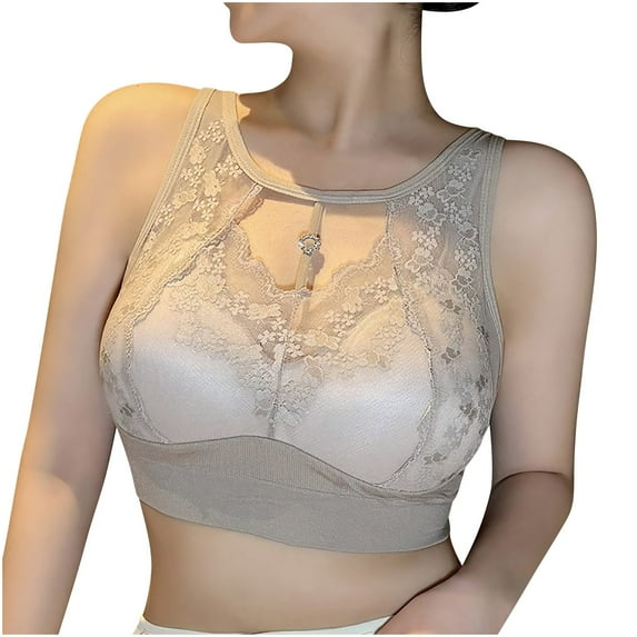 HAPIMO Everyday Bras for Women Gathered Wire Free Halter Neck Back Buckle Camisole Soft Lace Lingerie Stretch Underwear Comfort Daily Brassiere Savings