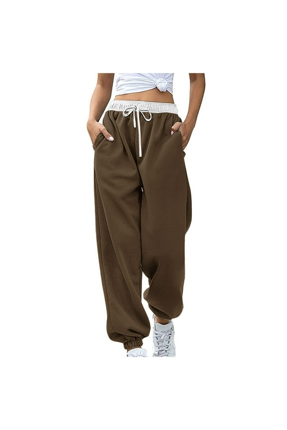 Fashion Color Block Patchwork Pants Loose Joggers Pants for Women Workout Full Length Pants Drawstring High Waist Trousers Casual Cotton Sweatpants Brown XXL