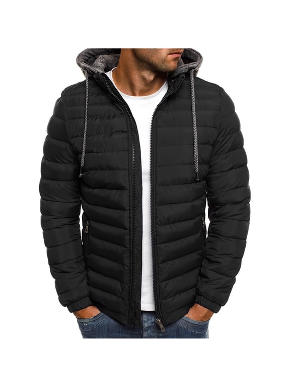 Fashion Cotton Padded Jacket Big Men's Long Sleeve Zipper Double Pocket Down Jacket Winter Puffer Hoodie Jackets for Men Stand Collar Casual Workout Black XXL