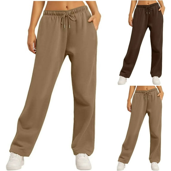 HAPIMO Fashion Solid Color Palazzo Pants Wide Leg Pants Loose Sports Pants Pockets for Women Drawstring Elastic Waist Trousers Workout Casual Slacks Sweatpants Brown L