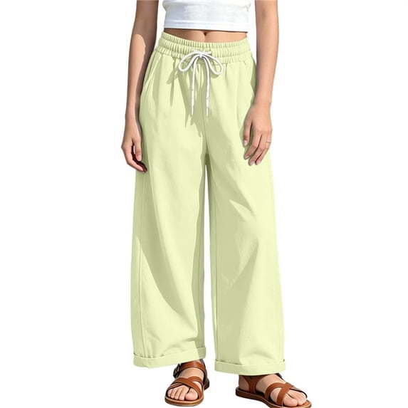 HAPIMO Girls Kids Drawstring Waist Wide Leg Pants Elastic Waist Lightweight Trousers with Pockets for Summer Yellow 6 Years