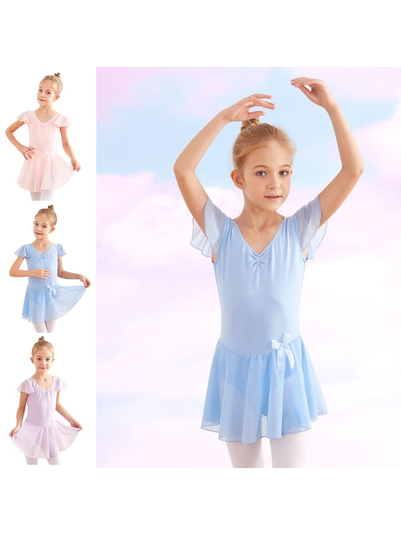 Girls's Ballet One-Piece Gym Suit Solid Mesh V Neck Lovely Relaxed Comfy Flying Sleeve Training Dance Leotard Clothes Cute Holiday Princess Dress Pink 14-15 Y