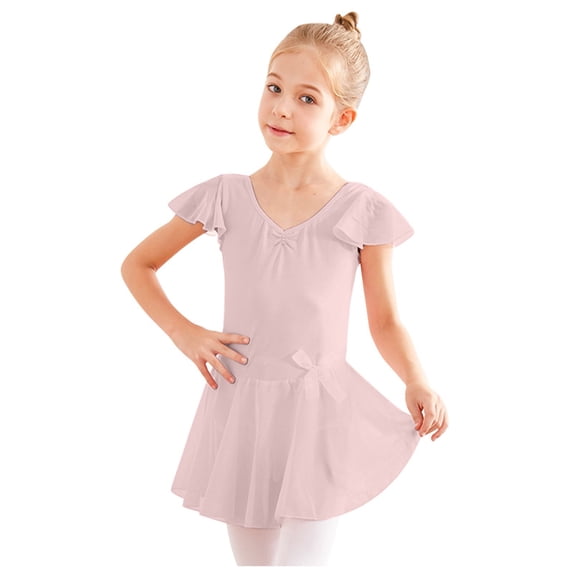 HAPIMO Girls's Ballet One-Piece Gym Suit Solid Mesh V Neck Lovely Relaxed Comfy Flying Sleeve Training Dance Leotard Clothes Cute Holiday Princess Dress Pink 3-4 Y