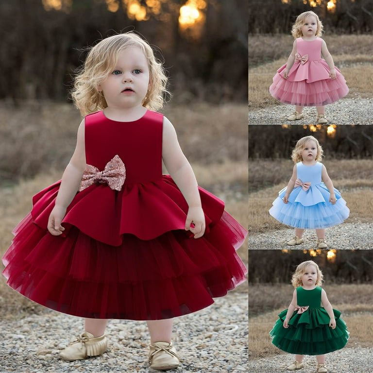 HAPIMO Girls s Party Gown Birthday Dress Solid Bowknot Cute Holiday Sleeveless Lovely Relaxed Comfy Princess Dress Round Neck Tiered Mesh Ruffle Hem Blue 100 Walmart