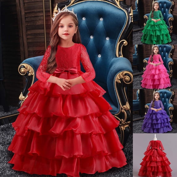 HAPIMO Girls's Party Gown Birthday Maxi Dress Lace Flower Bowknot Lovely Holiday Relaxed Comfy Round Neck Mesh Tiered Swing Hem Cute Long Sleeve Princess Dress Green 3-4 Years