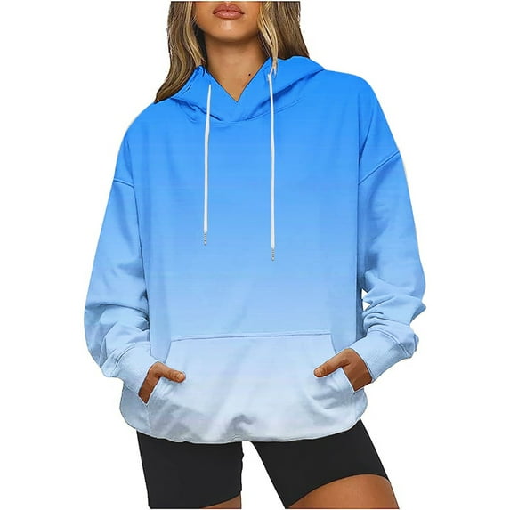 HAPIMO Gradient Sweatshirt for Women Pocket Drawstring Pullover Tops Solid Color Long Sleeve Relaxed Fit Womens Hoodie Sweatshirt Teen Girls Clothes Blue