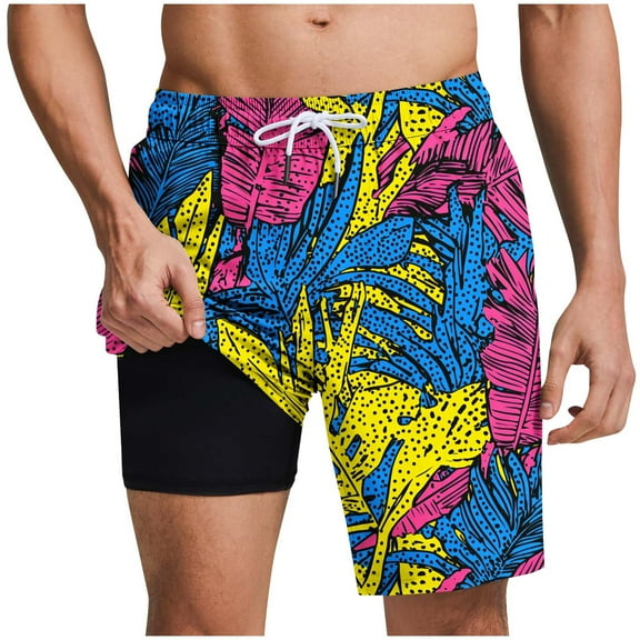 HAPIMO Hawaiian Bathing Mesh Lining Shorts Men Swim Trunks with Compression Liner 9" Beach Shorts Casual Outings Travel Shorts Quick Dry Board Shorts Summer Outdoor Swimsuit Shorts Multicolor Large