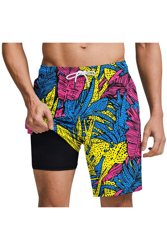 Hawaiian Bathing Mesh Lining Shorts Men Swim Trunks with Compression Liner 9" Beach Shorts Casual Outings Travel Shorts Quick Dry Board Shorts Summer Outdoor Swimsuit Shorts Multicolor Large
