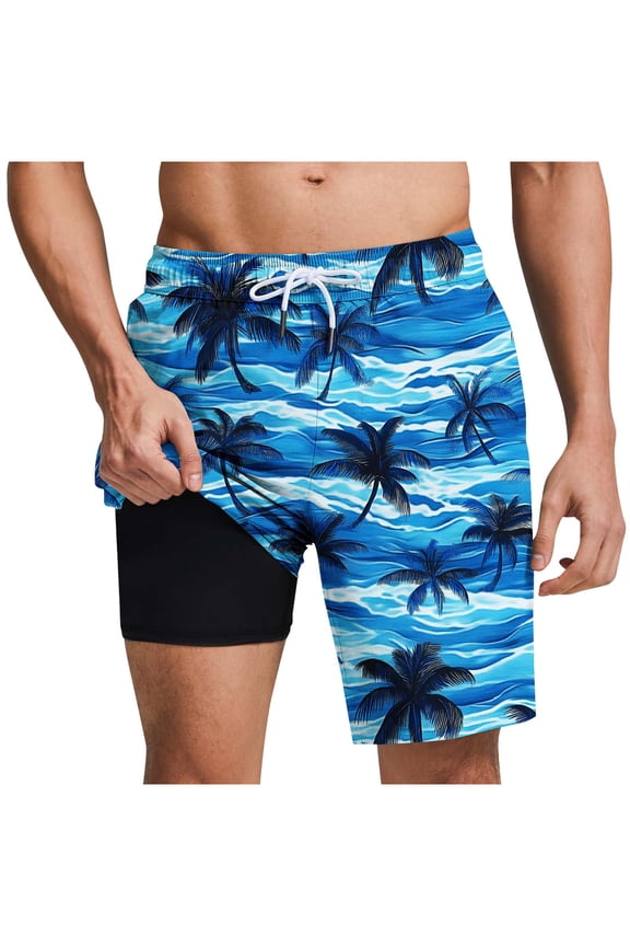 Hawaiian Bathing Mesh Lining Shorts Men Swim Trunks with Compression Liner Quick Dry Board Shorts Summer Outdoor Swimsuit Shorts 9" Beach Shorts Casual Outings Travel Shorts Blue Small