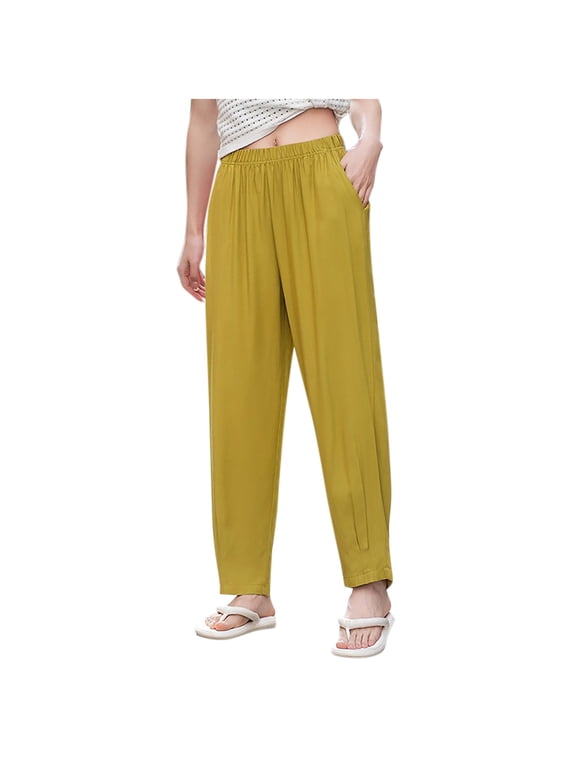 High Waist Activewear Trousers Joggers Pants for Women Solid Color Pants Fashion Full Length Pants Workout Casual Slacks Cotton Lined Sweatpants Yellow L