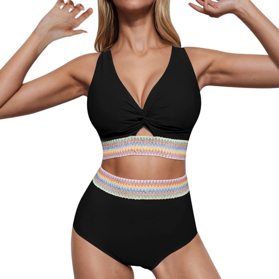 HAPIMO High Waisted Bikini Sets for Women Two Piece Swimsuit Padded Knot Twist Cut Out Bathing Suit Summer Hawaiian Beach Bikini Swim Black XL