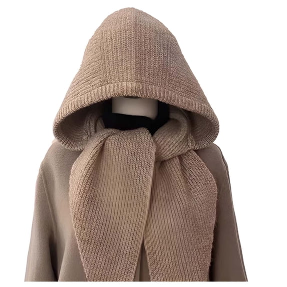 HAPIMO Hooded Scarf Integrated Knit Hat Windproof Coverage Hat for Cold Weather Commuting Khaki Free Size