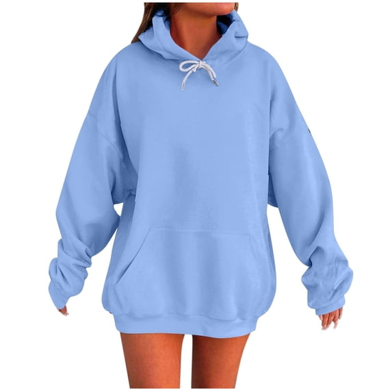 HAPIMO Hooded Sweatshirts for Women Loose Fit Pullover Tops Casual Long Sleeve Solid Kangaroo Pockets Sweatshirts Fall Winter Outfits Light Blue M
