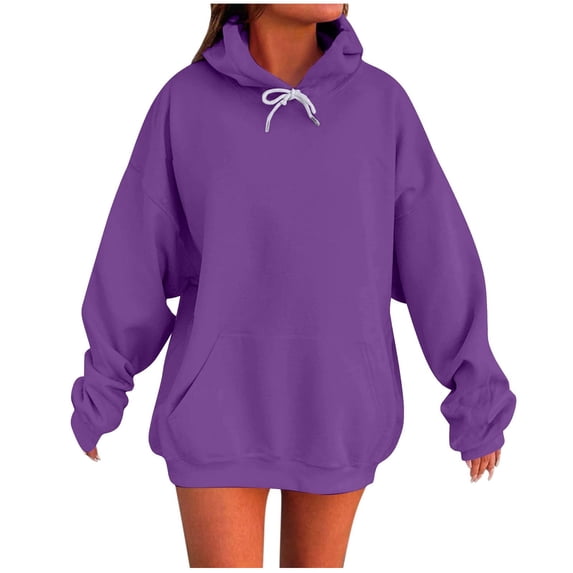 HAPIMO Hooded Sweatshirts for Women Loose Fit Pullover Tops Casual Long Sleeve Solid Kangaroo Pockets Sweatshirts Fall Winter Outfits Purple L