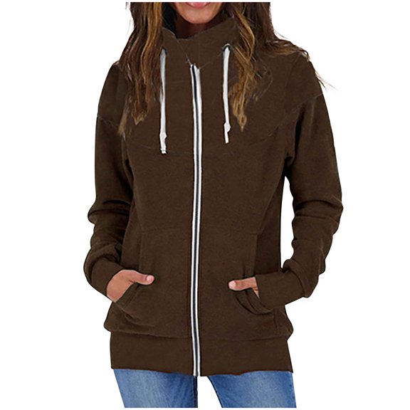 HAPIMO Hoodie Zipper Sweatshirts for Women Casual Color Block Turtleneck Drawstring Coat Top Outdoor Clothes Jacket Outerwear Coffee XL