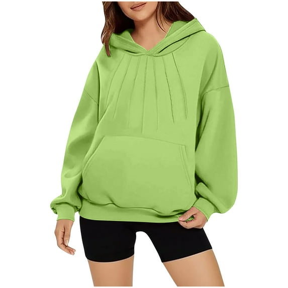 HAPIMO Hoodies for Women Casual Comfy Long Sleeve Pullover Tops Fall Winter Trendy Hoodie Solid Pleats Kangaroo Pocket Hooded Sweatshirts Green XL